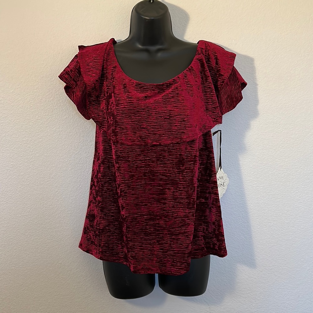 Knox Rose Burgundy Maroon Crushed Velvet Ruffle Off the Shoulder Top - Picture 2 of 12